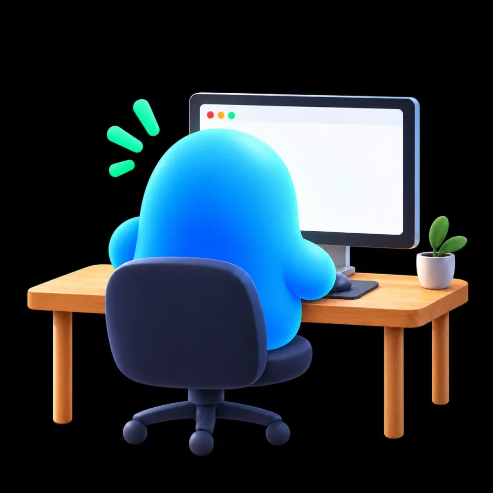 Olly sitting at a desk, using a computer